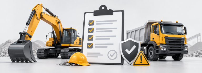 Excavator, tipper truck, hard hat and a ticked safety checklist on a clipboard