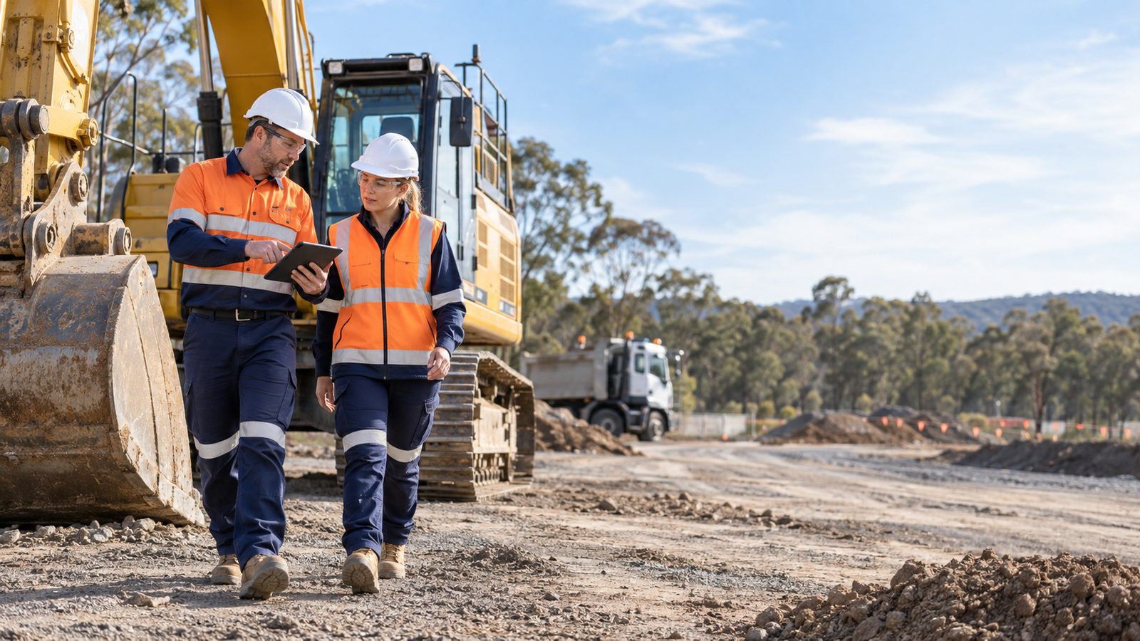 Two workers in hi-vis reviewing a plant risk assessment on a tablet beside a tracked excavator on a civil site